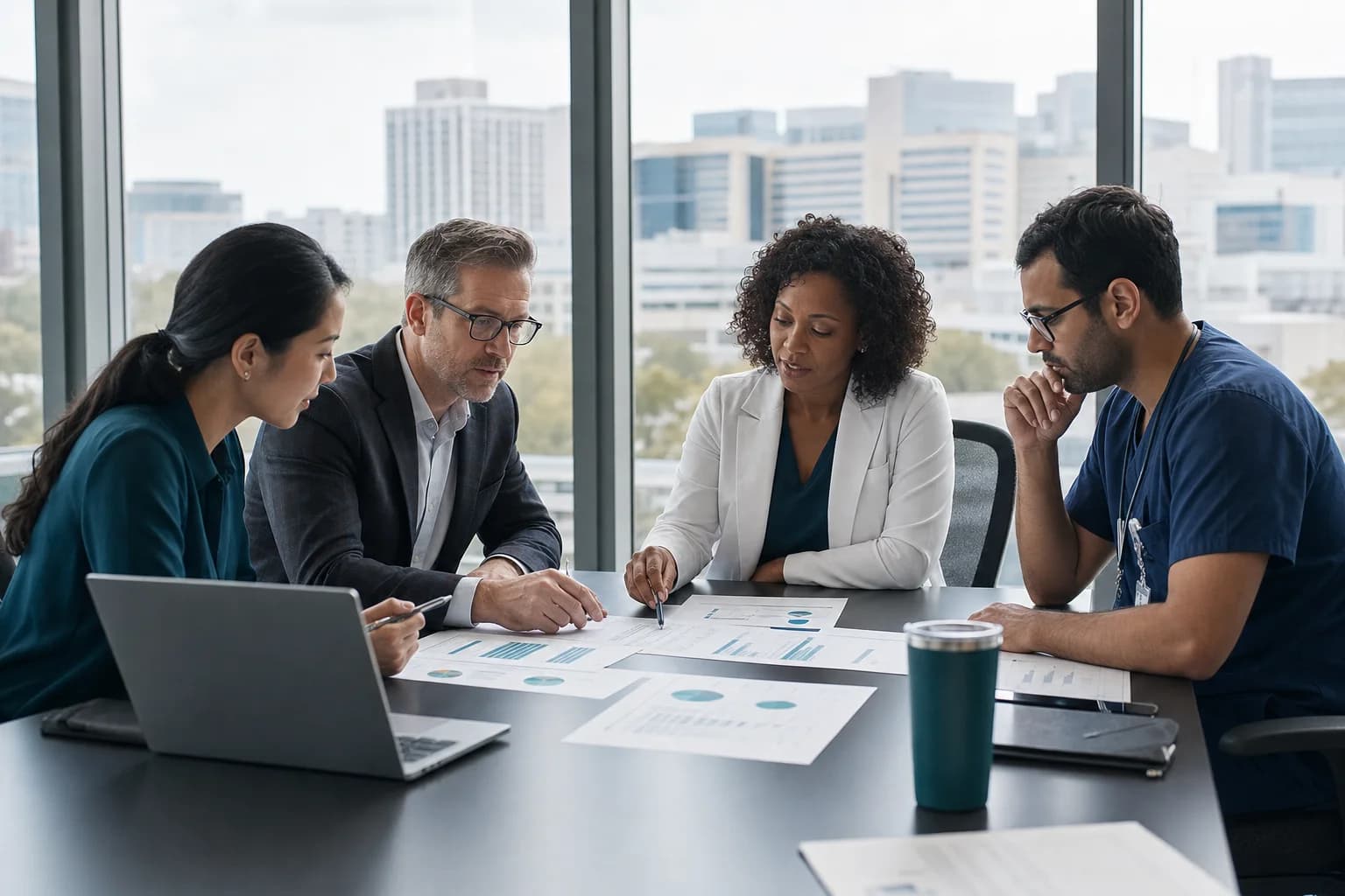 Oncology professionals reviewing market data